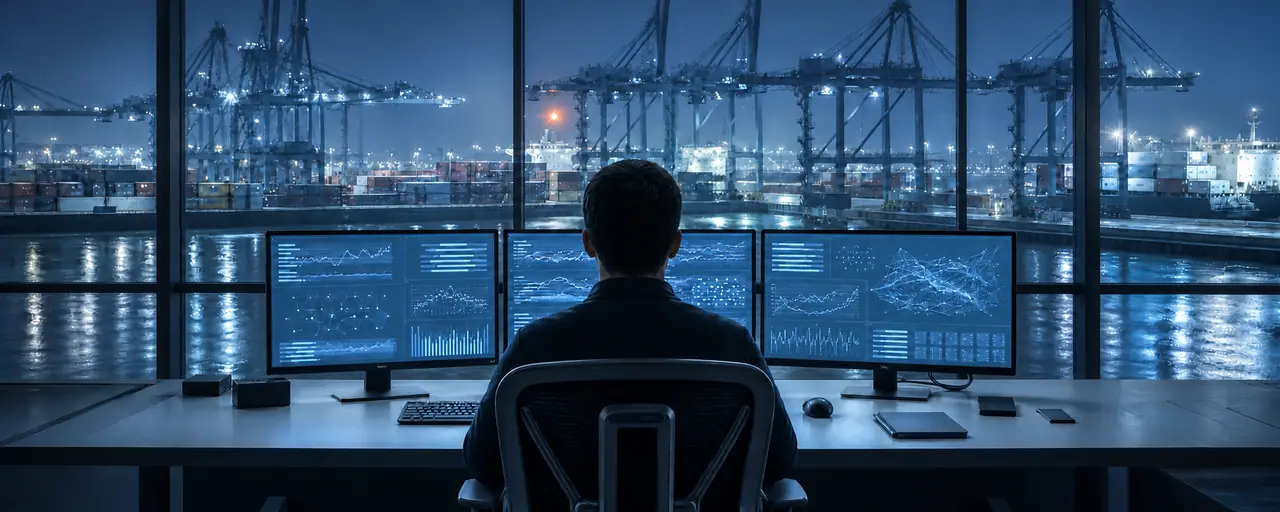 Engineer working across three monitors, container port through the window at night