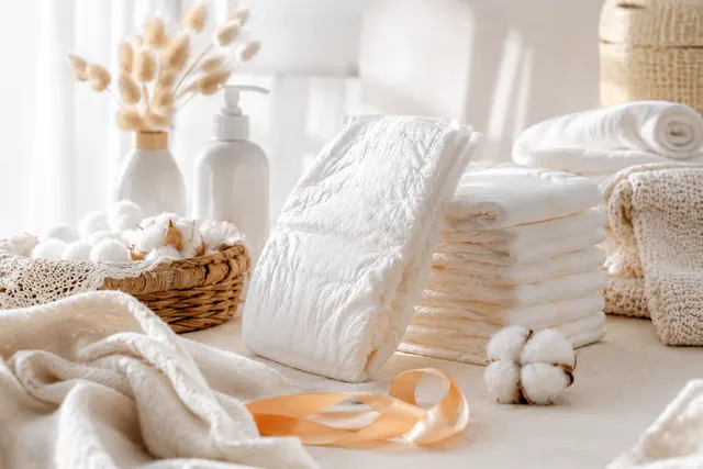 Soft white baby-care products in warm daylight