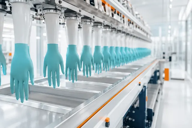 Nitrile gloves on formers along a bright production line