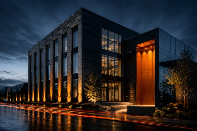 Modern brick and glass office building at dusk