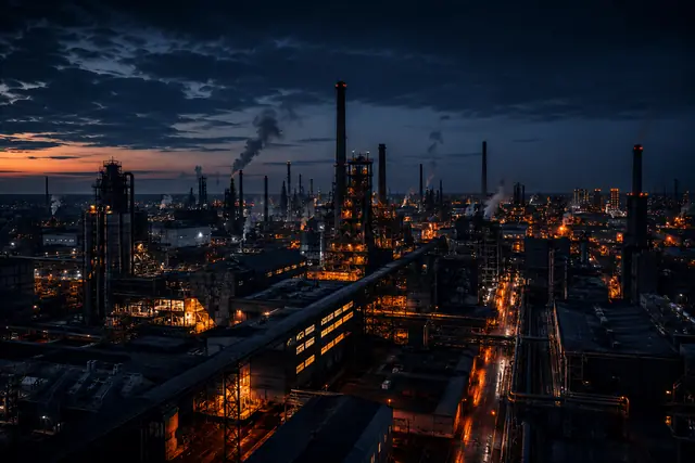 Industrial manufacturing district skyline at blue hour