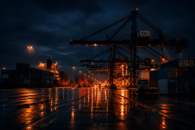 Container terminal at night under gantry cranes