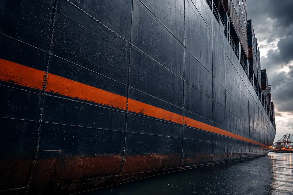 Steel hull of a container vessel at berth, marked with a single orange line