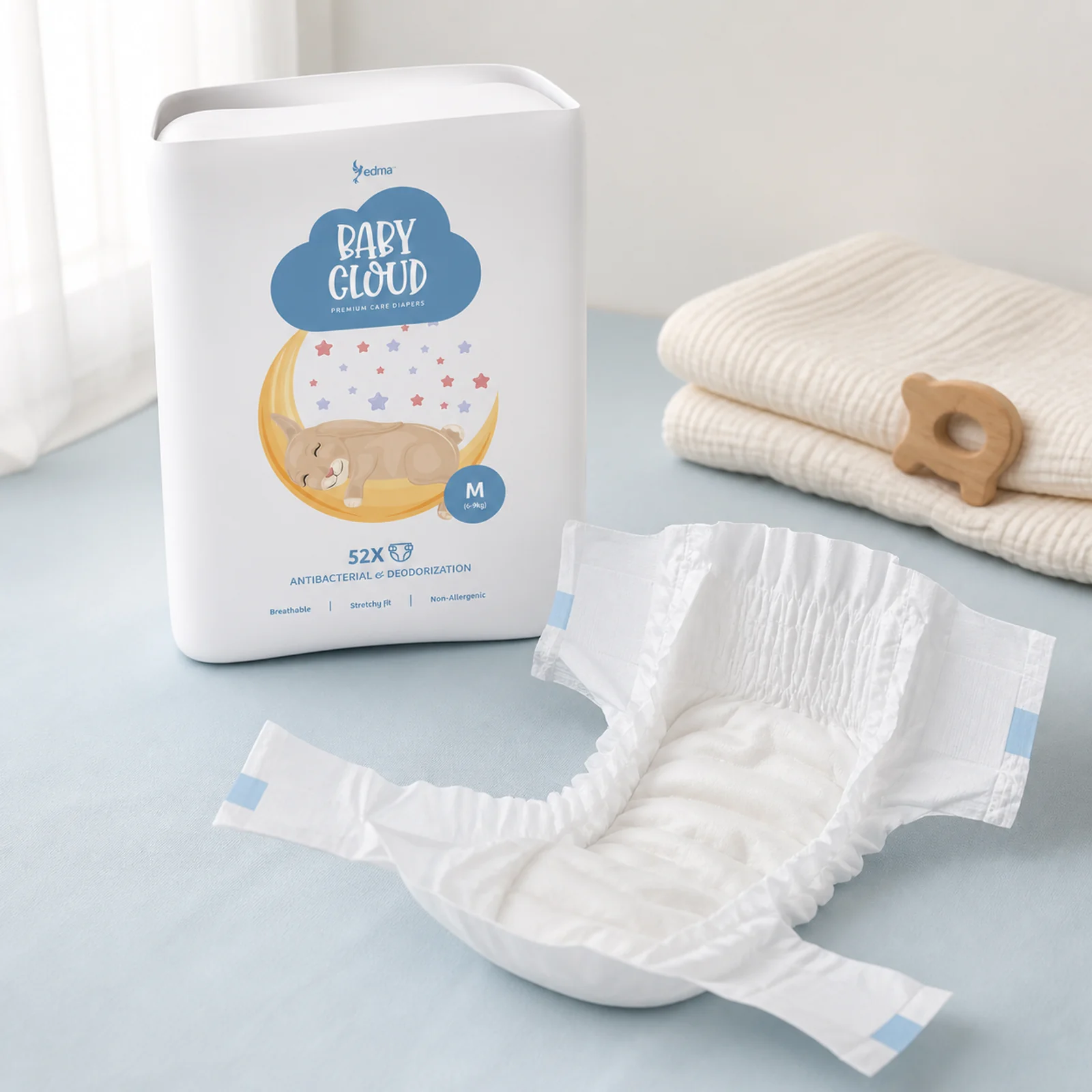 Baby Cloud diaper pack beside an opened taped diaper