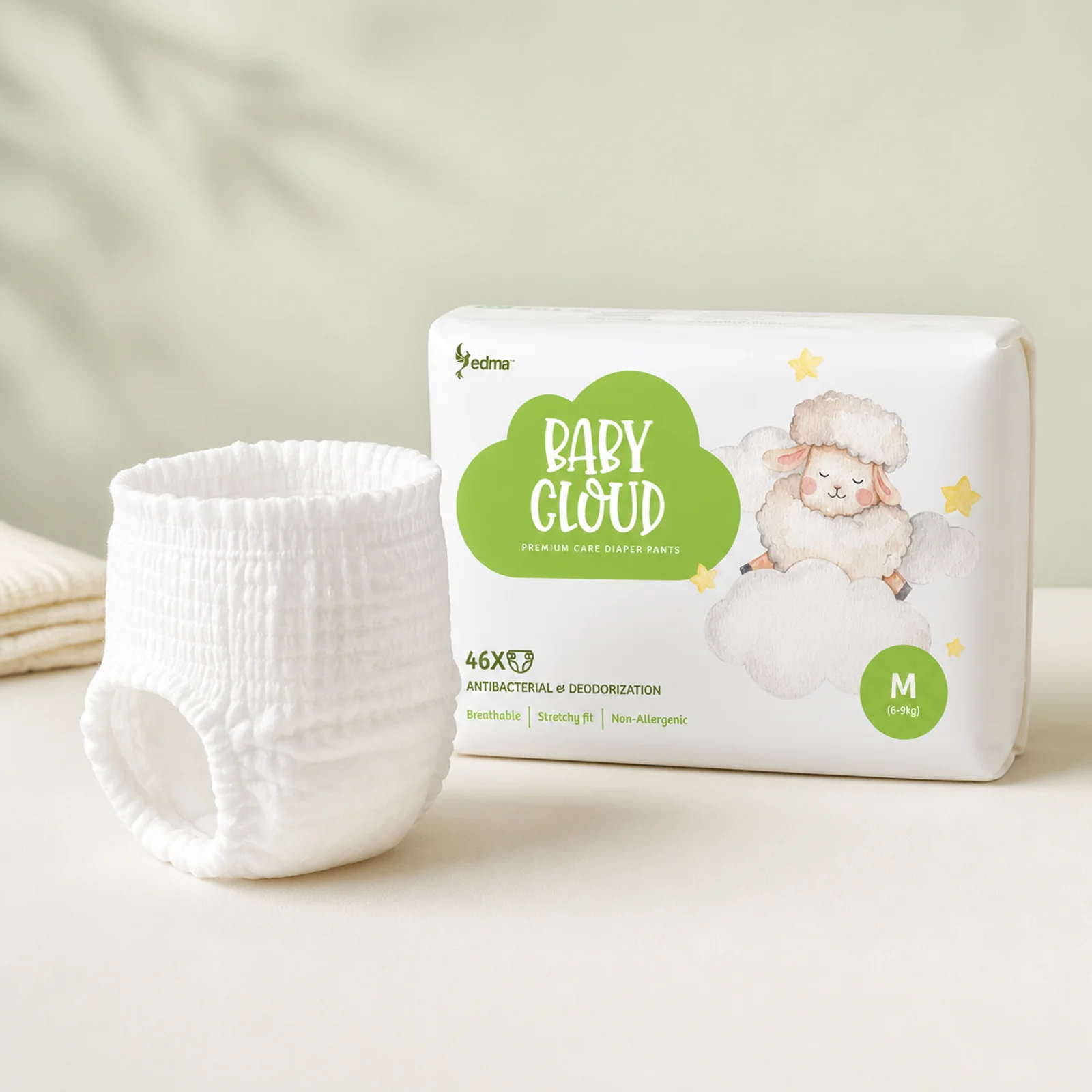 Baby Cloud diaper pants pack beside an upright pull-up pant