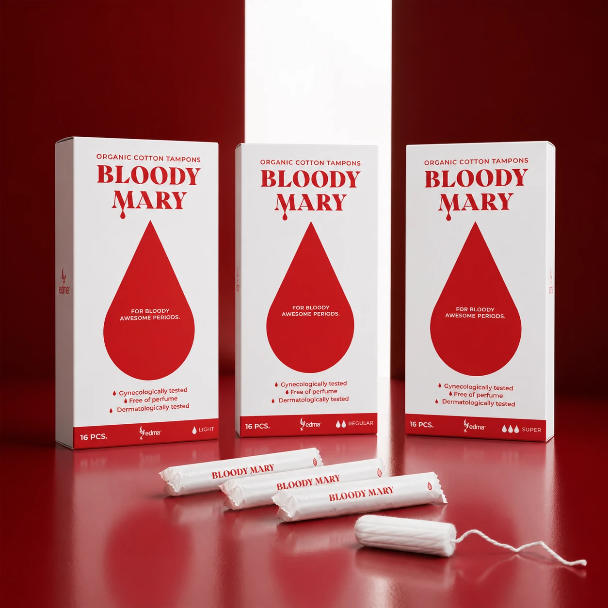 Bloody Mary Light, Regular and Super boxes with wrapped and unwrapped tampons