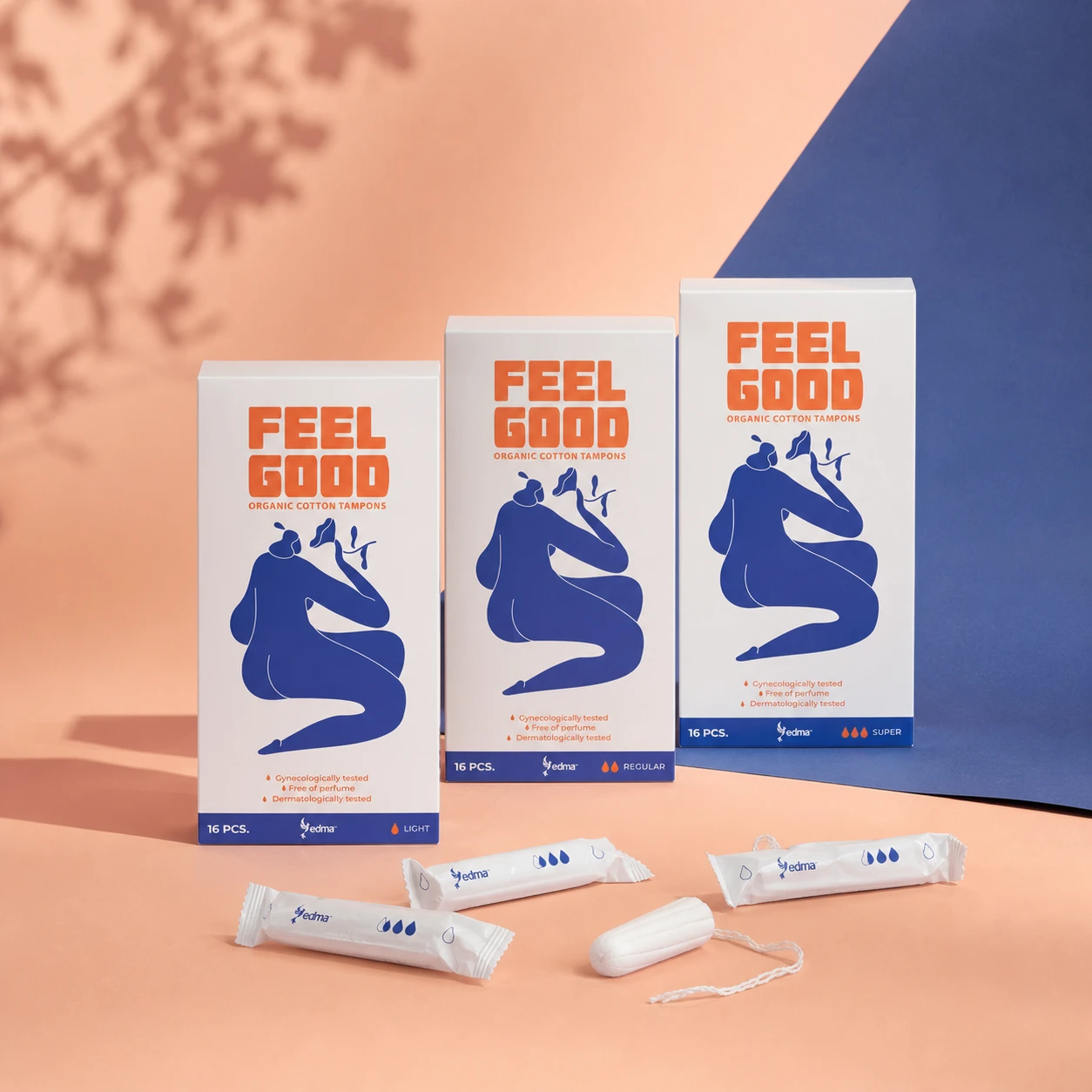 Feel Good Light, Regular and Super boxes with wrapped and unwrapped tampons