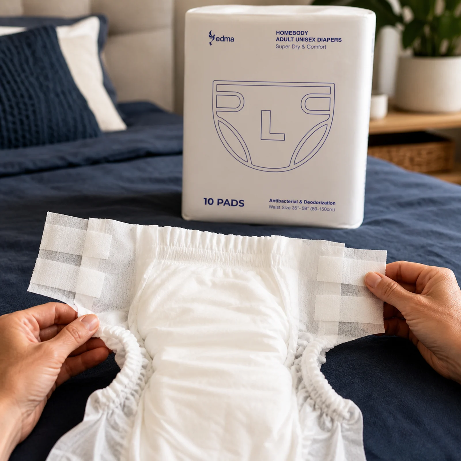 Hands demonstrating the fastening tabs of a Homebody adult brief