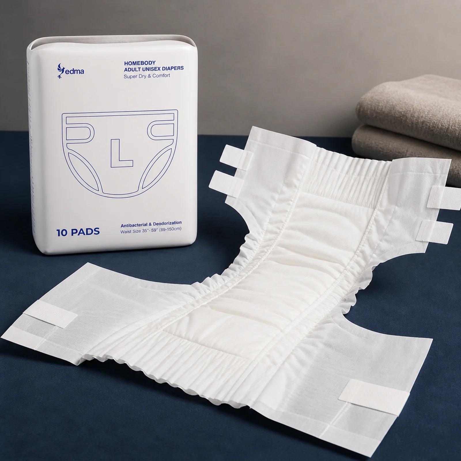 Homebody pack beside a fully opened white adult brief