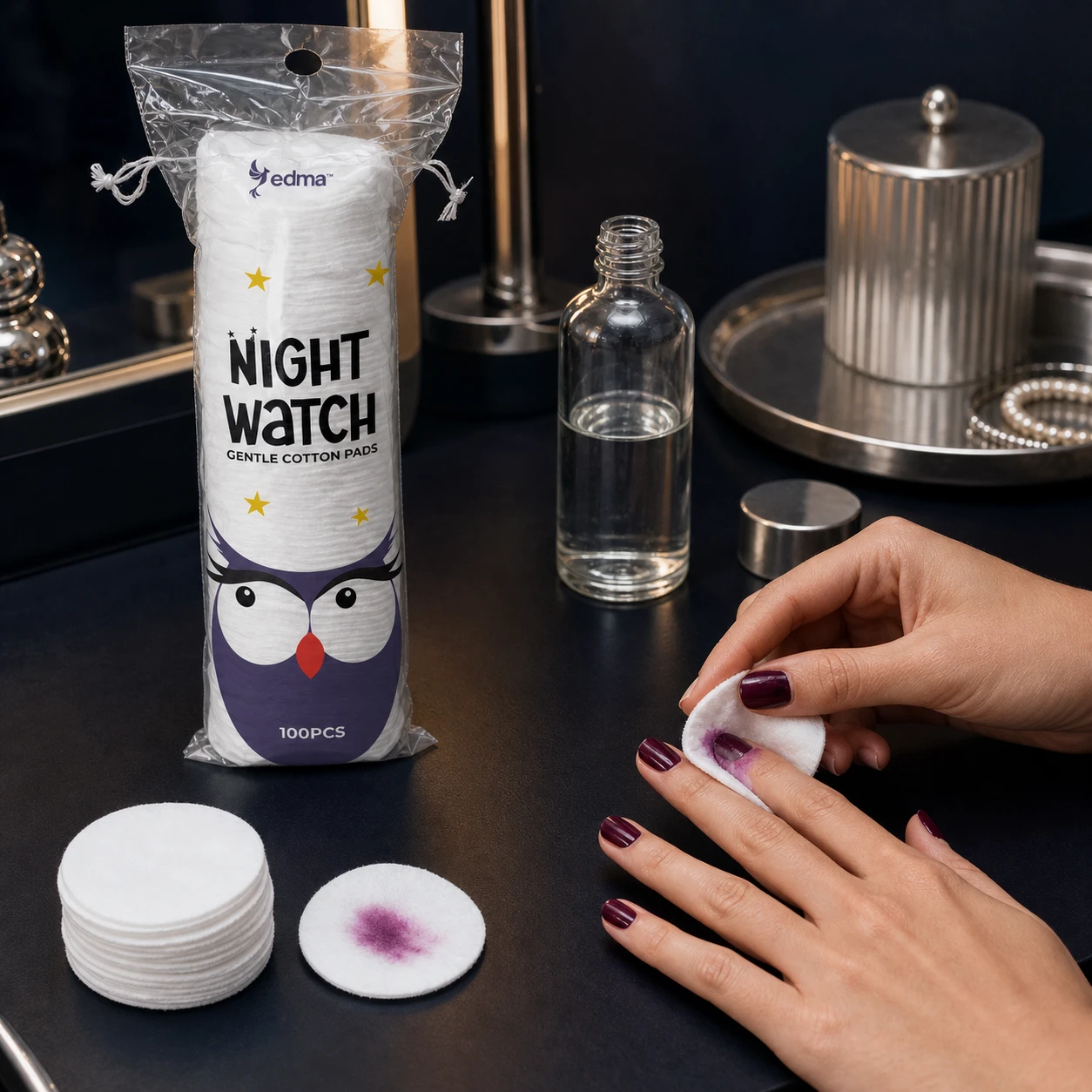 Hands using a NightWatch cotton pad to remove dark nail polish