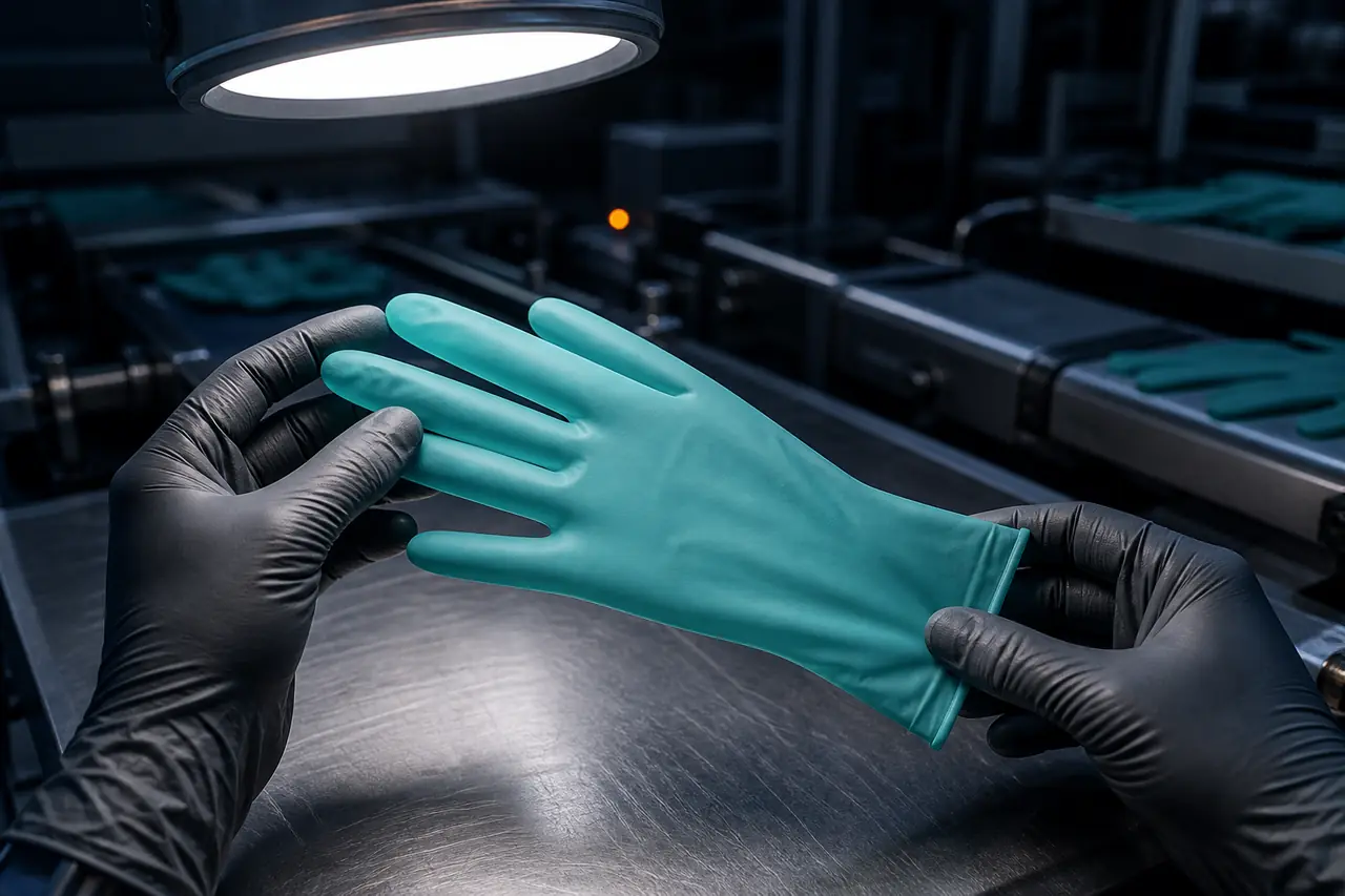 Gloved hands inspecting a teal nitrile glove under an inspection lamp on the line