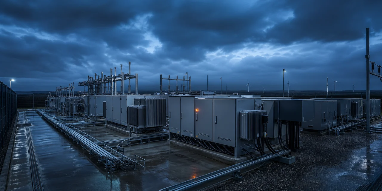 Substation and inverter yard at dusk, transformer cabinets and cable trays, wind turbines on the horizon
