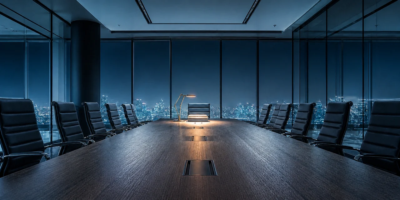 Empty boardroom at night, one lamp lit over a document pack, city lights beyond the glass