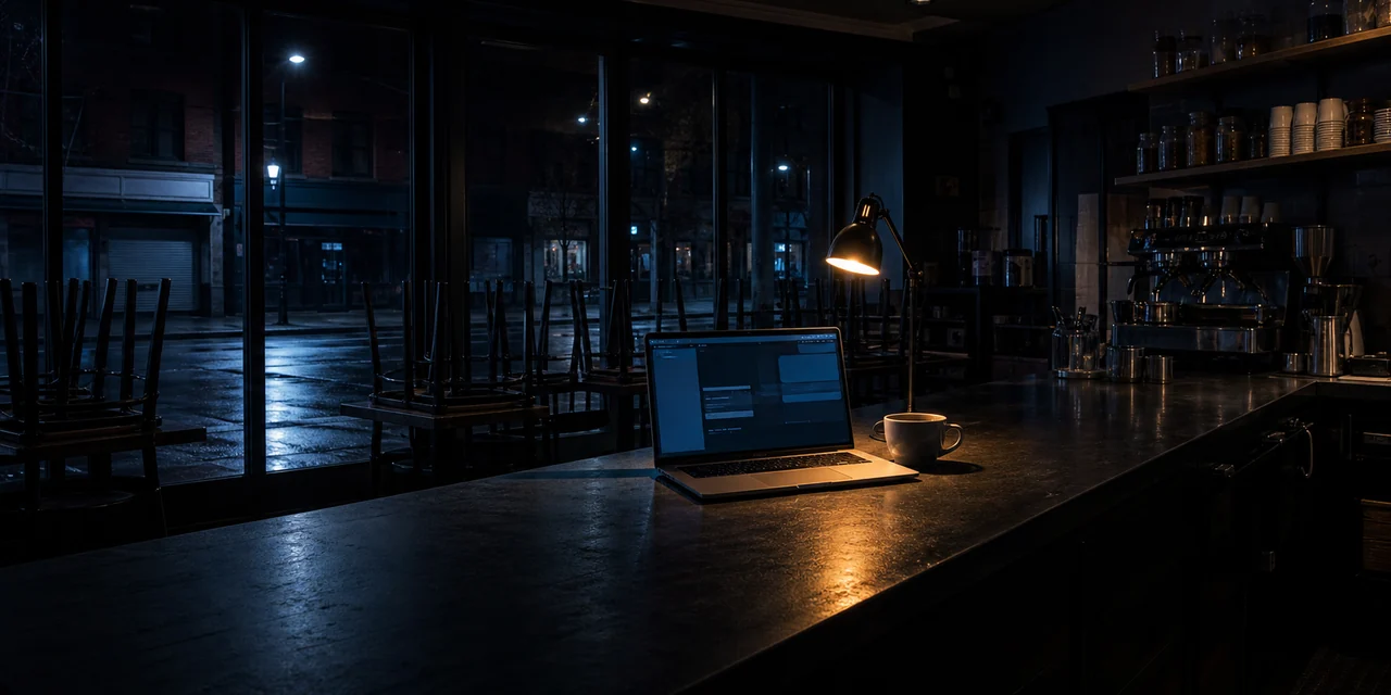 A cafe counter after closing, chairs stacked behind, one laptop and lamp lit on the bar