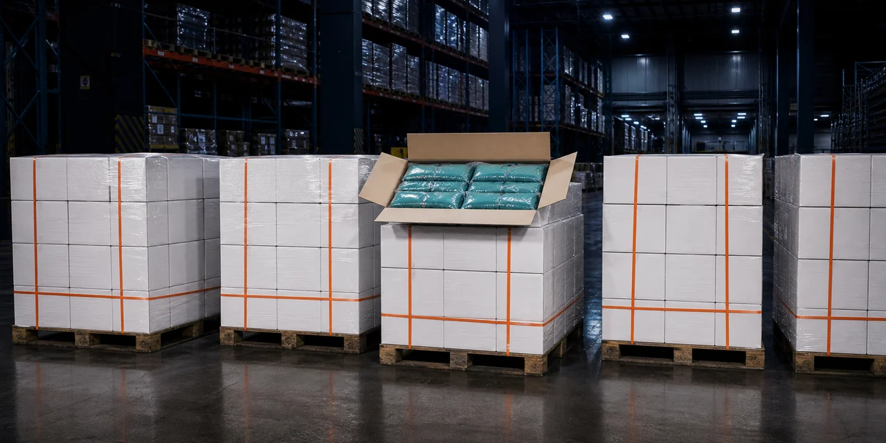 Pallets of strapped cartons in a warehouse aisle, one carton opened to show sealed product