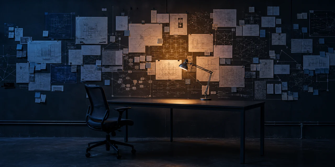 A wall of architecture diagrams and notes above an empty desk, one lamp lit, chair pushed back