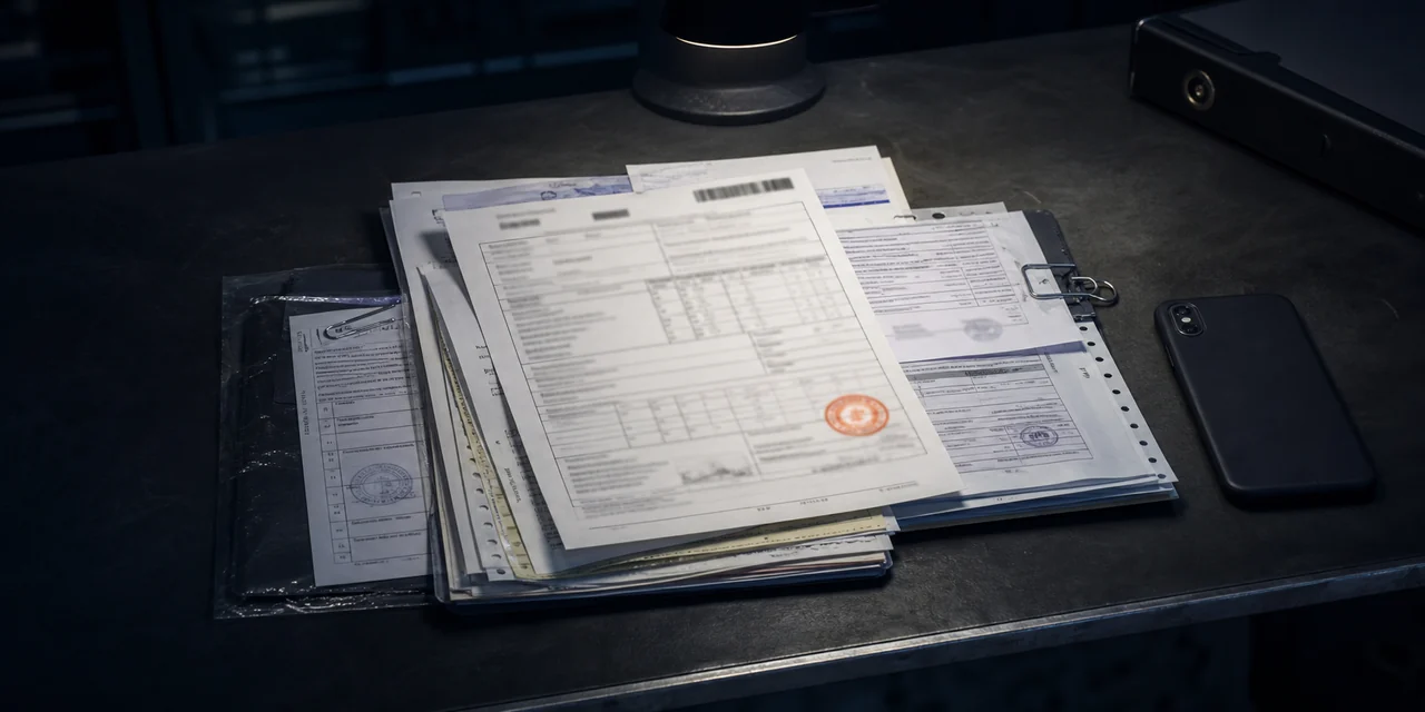 Shipping documents, certificates and a stamped bill of lading stacked on a dark desk under a work lamp