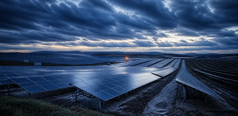 Solar field under heavy dusk clouds with a single orange beacon