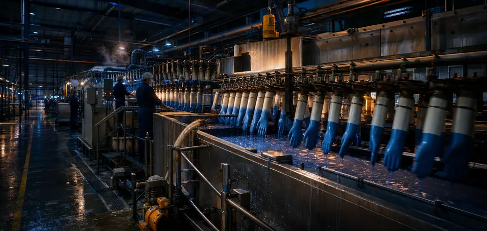 Nitrile glove formers descending into dip tanks on a night-shift production line