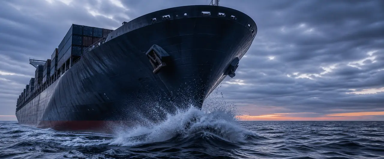 Container ship bow cutting through dark water toward a faint orange horizon