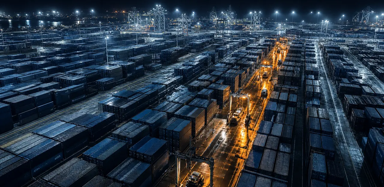 Container yard at night, one loading lane active under orange work lights
