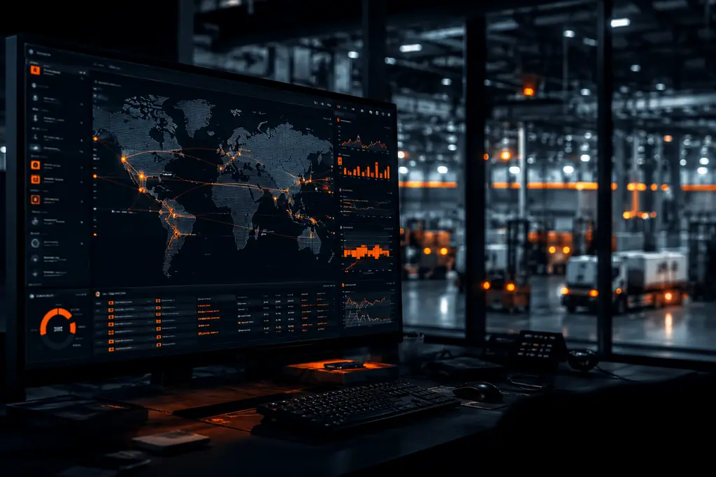 Control-room monitor showing a global trade dashboard over a working warehouse