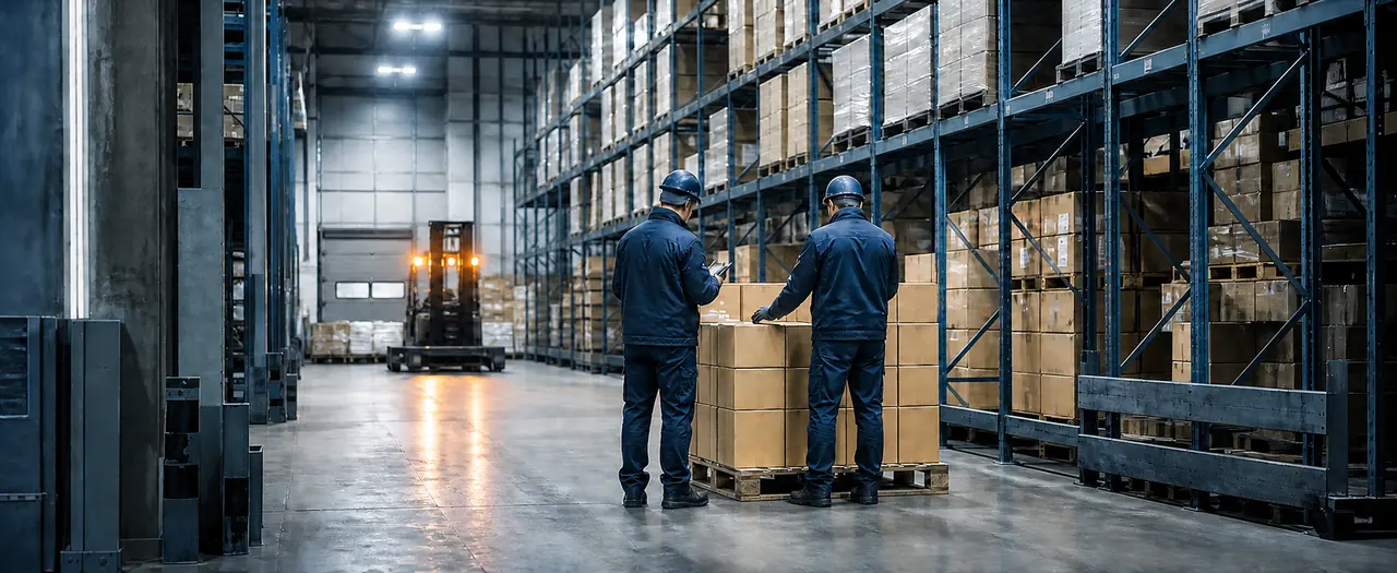 Two warehouse operators checking cartons on a pallet in a racked warehouse